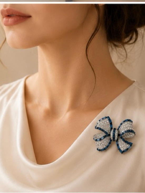 luxury boutique Jewelry - Elegant Pearl and Blue Crystal Bow Brooch - Women Jewelry